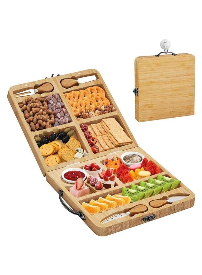 Portable Foldable Bamboo Cheese Board, Kitchen Square Cheese and Charcuterie Platter, Snack and Party Fruit & Vegetable Serving Tray for Home Use - Image 1
