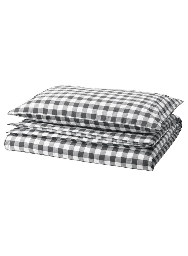 erorex Duvet cover and pillowcase, anthracite white/check, 150x200/50x80 cm - Image 1