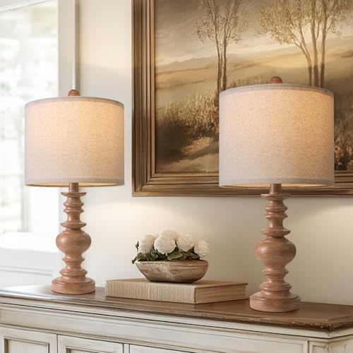 BOBOMOMO 20" Rustic Bedside Lamps Set of 2- Vintage Resin Table Lamps for Nightstands with Linen Shades, Farmhouse Lamps for Living Room, Bedroom, and Hallway (Light Brown) - Ideal for Compact Spaces - Image 1