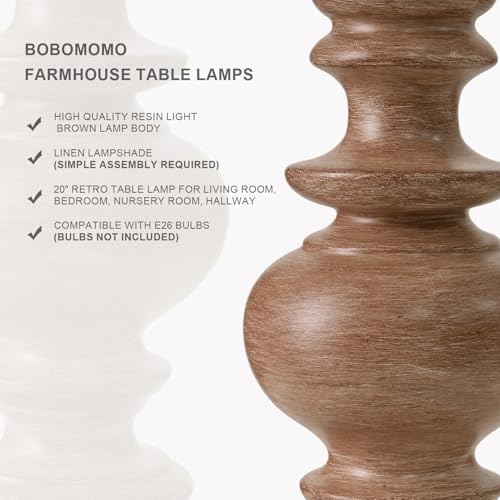 BOBOMOMO 20" Rustic Bedside Lamps Set of 2- Vintage Resin Table Lamps for Nightstands with Linen Shades, Farmhouse Lamps for Living Room, Bedroom, and Hallway (Light Brown) - Ideal for Compact Spaces - Image 3