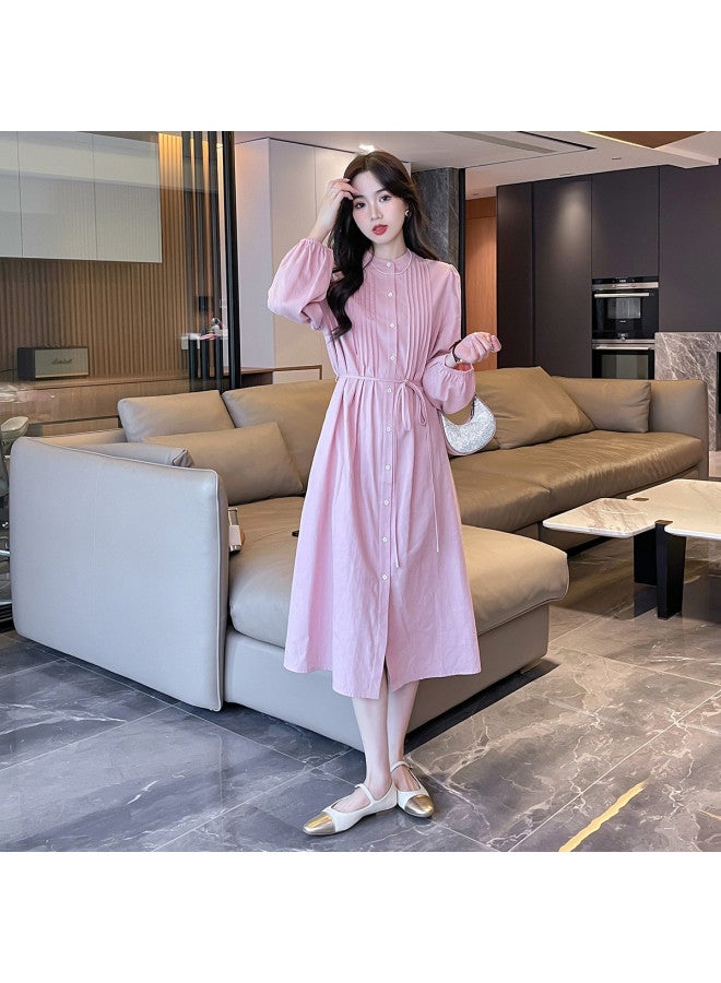 TonLion Spring Women's Round Neck Button-down Pleated Long Sleeve Dress Versatile Chic Korean Style Trendy Elegant - Image 3