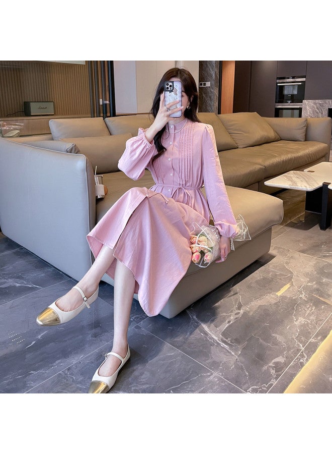 TonLion Spring Women's Round Neck Button-down Pleated Long Sleeve Dress Versatile Chic Korean Style Trendy Elegant - Image 2