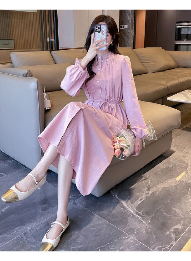 TonLion Spring Women's Round Neck Button-down Pleated Long Sleeve Dress Versatile Chic Korean Style Trendy Elegant - Image 1