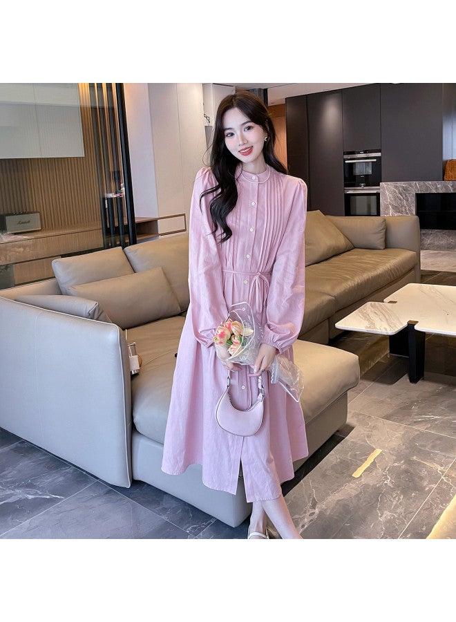 TonLion Spring Women's Round Neck Button-down Pleated Long Sleeve Dress Versatile Chic Korean Style Trendy Elegant - Image 4