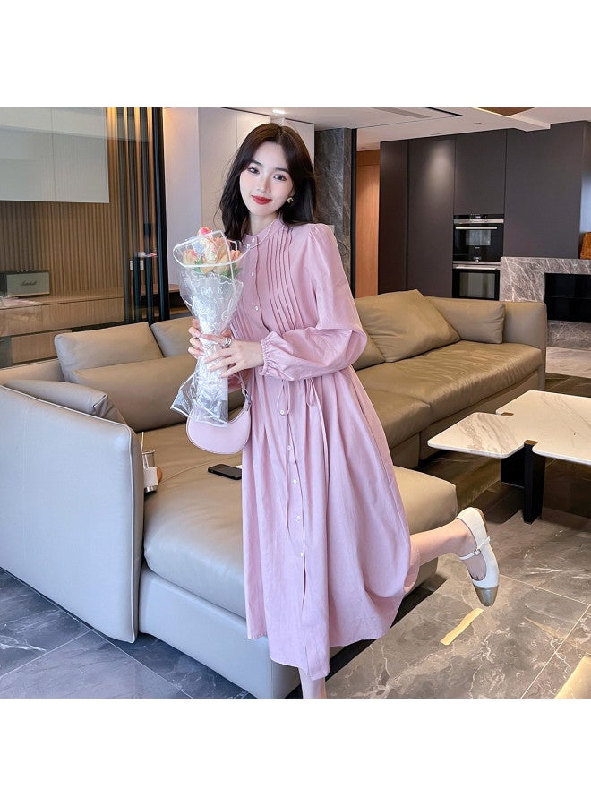TonLion Spring Women's Round Neck Button-down Pleated Long Sleeve Dress Versatile Chic Korean Style Trendy Elegant - Image 5