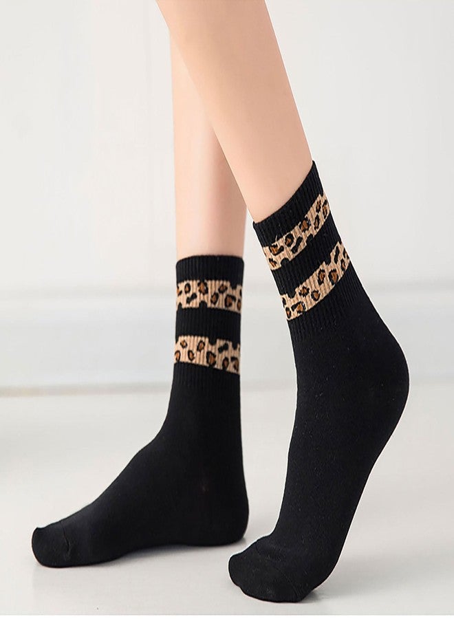 Joylife 3 Paris Leopard Print Crew Socks Trendy Animal Pattern Dress Socks For Women, Lady, Two Stripes - Image 2