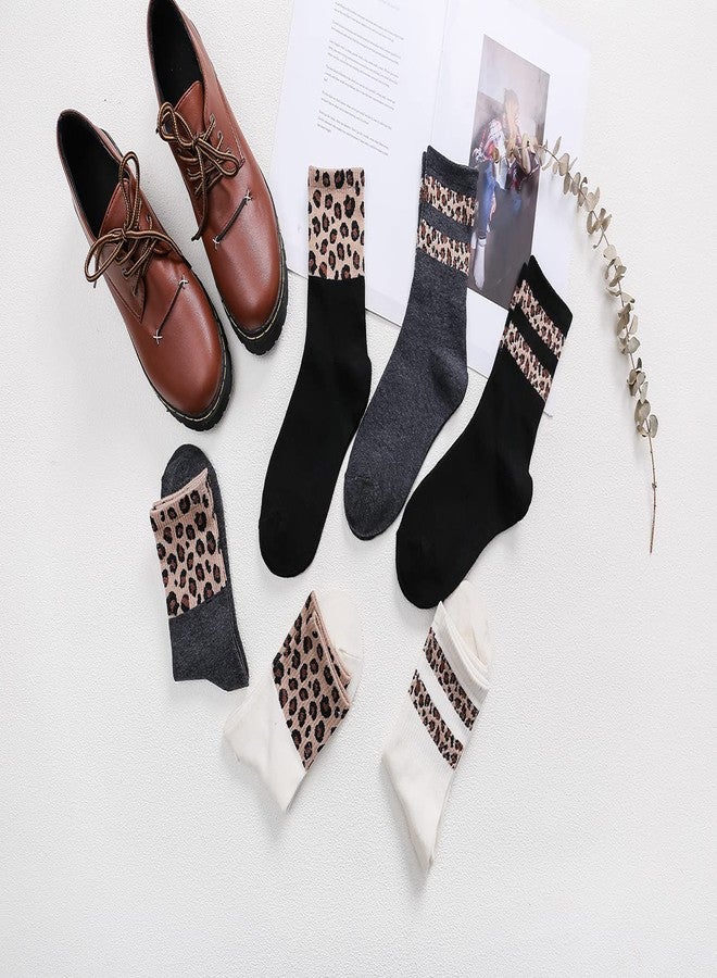 Joylife 3 Paris Leopard Print Crew Socks Trendy Animal Pattern Dress Socks For Women, Lady, Two Stripes - Image 5