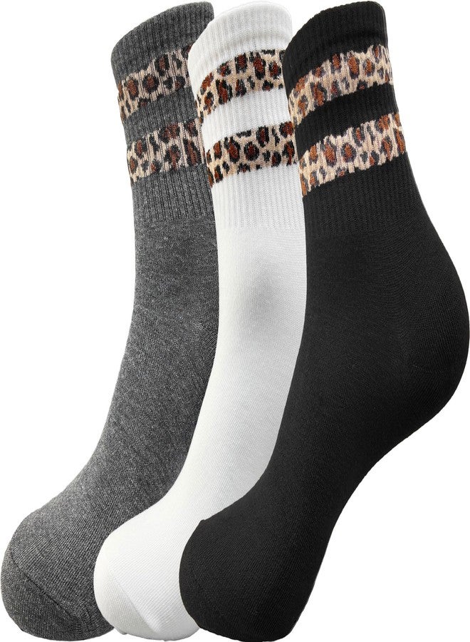 Joylife 3 Paris Leopard Print Crew Socks Trendy Animal Pattern Dress Socks For Women, Lady, Two Stripes - Image 1