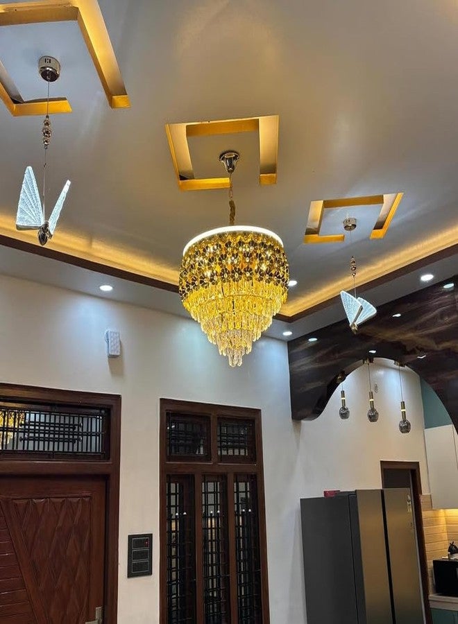 BASLASH ثريا BASLASH الفاخرة على شكل زهرة كريستالية - 500 مم، مطلية بالذهب مع إضاءة LED، تركيبات ذهبية، أنبوب دائري 20 بوصة من الفولاذ المقاوم للصدأ، كريستال مطلي بالذهب، تصميم رائع، ثريا معلقة للمنزل والمكتب - Image 2