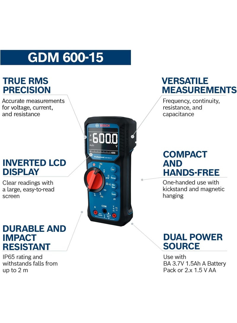 BOSCH Professional Digital Multimeter GDM 600-15,True RMS Electrical Tester with Inverted LCD, 600V AC/DC Voltage & 10A Current Meter, Frequency, Continuity, Resistance & Capacitance Tester, Min/Max/Average, Includes MS 90 Test Leads - Image 3