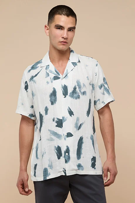 R&B Printed Shirt with Revere Collar and Short Sleeves