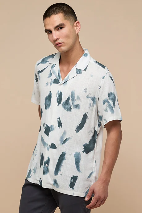 R&B Printed Shirt with Revere Collar and Short Sleeves