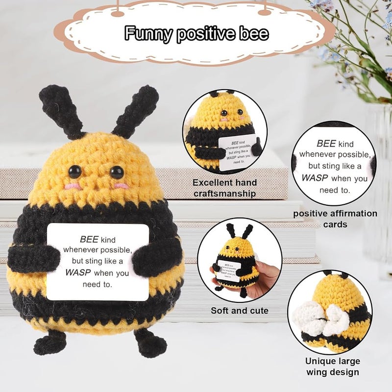 Excefore Mini Crochet Bee Doll, Funny Positive Bee, 2.76 Inch Wool Knitted Pocket Hug Potato with Inspirational Affirmation Support Card, Emotional Novelty Gift for Kids Birthday Party Decoration - Image 3