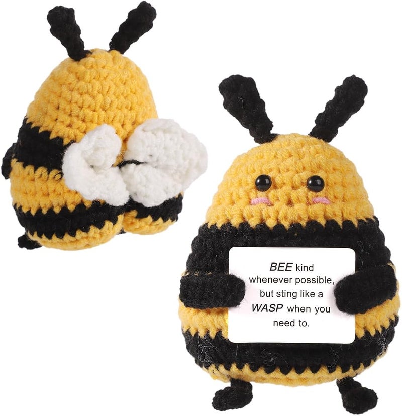 Excefore Mini Crochet Bee Doll, Funny Positive Bee, 2.76 Inch Wool Knitted Pocket Hug Potato with Inspirational Affirmation Support Card, Emotional Novelty Gift for Kids Birthday Party Decoration - Image 1