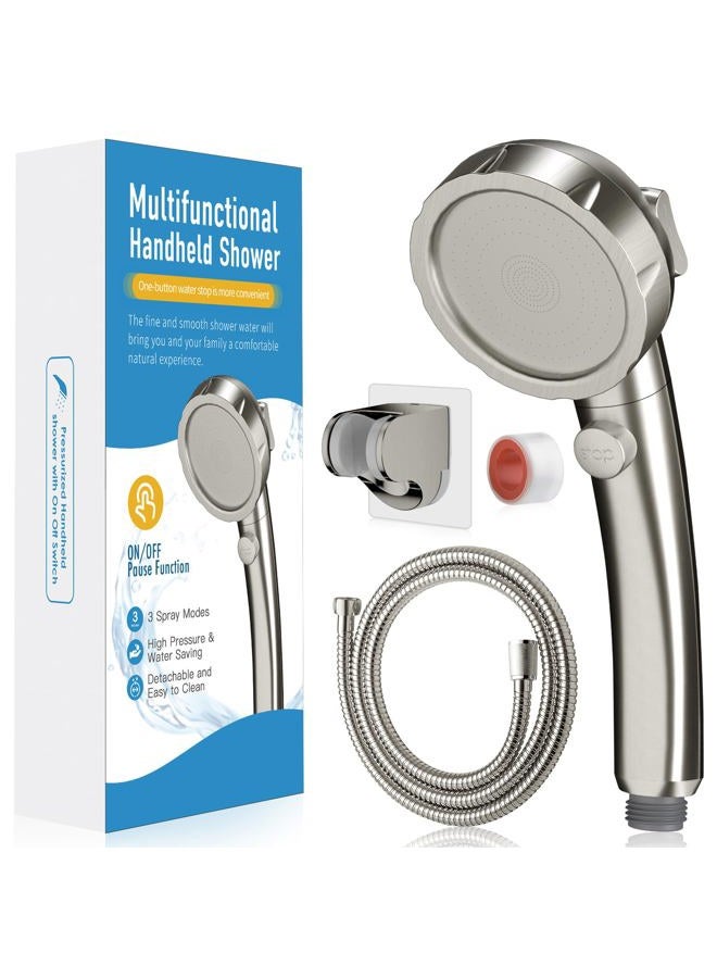 HEROBAI High Pressure Shower Head with Handheld, On Off Shower for RV, Water Saving Shower Head with Stop Button and 3 Modes, Detachable RV Shower Head with Hose and Bracket (Brushed Nickel) - Image 1