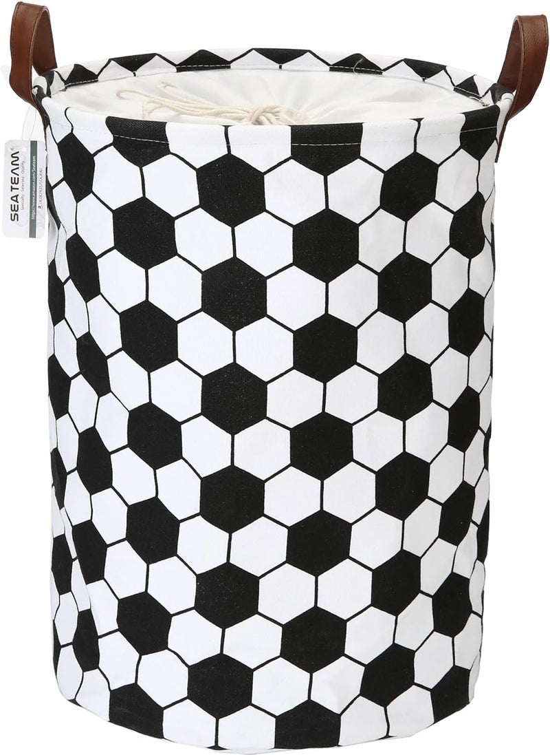 Football Pattern Laundry Hamper Canvas Fabric Laundry Basket Collapsible Storage Bin with PU Leather Handles and Drawstring Closure, 17.7 by 13.8 inches, Waterproof Inner, Black - Image 1