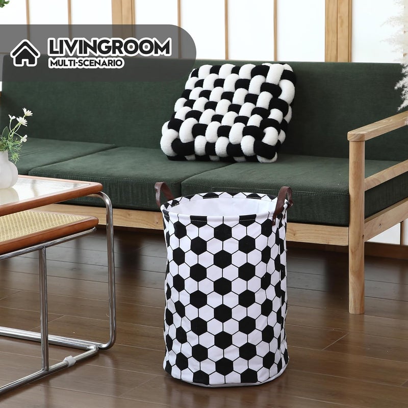 Football Pattern Laundry Hamper Canvas Fabric Laundry Basket Collapsible Storage Bin with PU Leather Handles and Drawstring Closure, 17.7 by 13.8 inches, Waterproof Inner, Black - Image 2