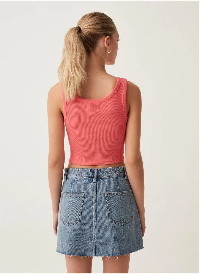 او في اس Ovs Ribbed Crop Top With Granddad Neckline