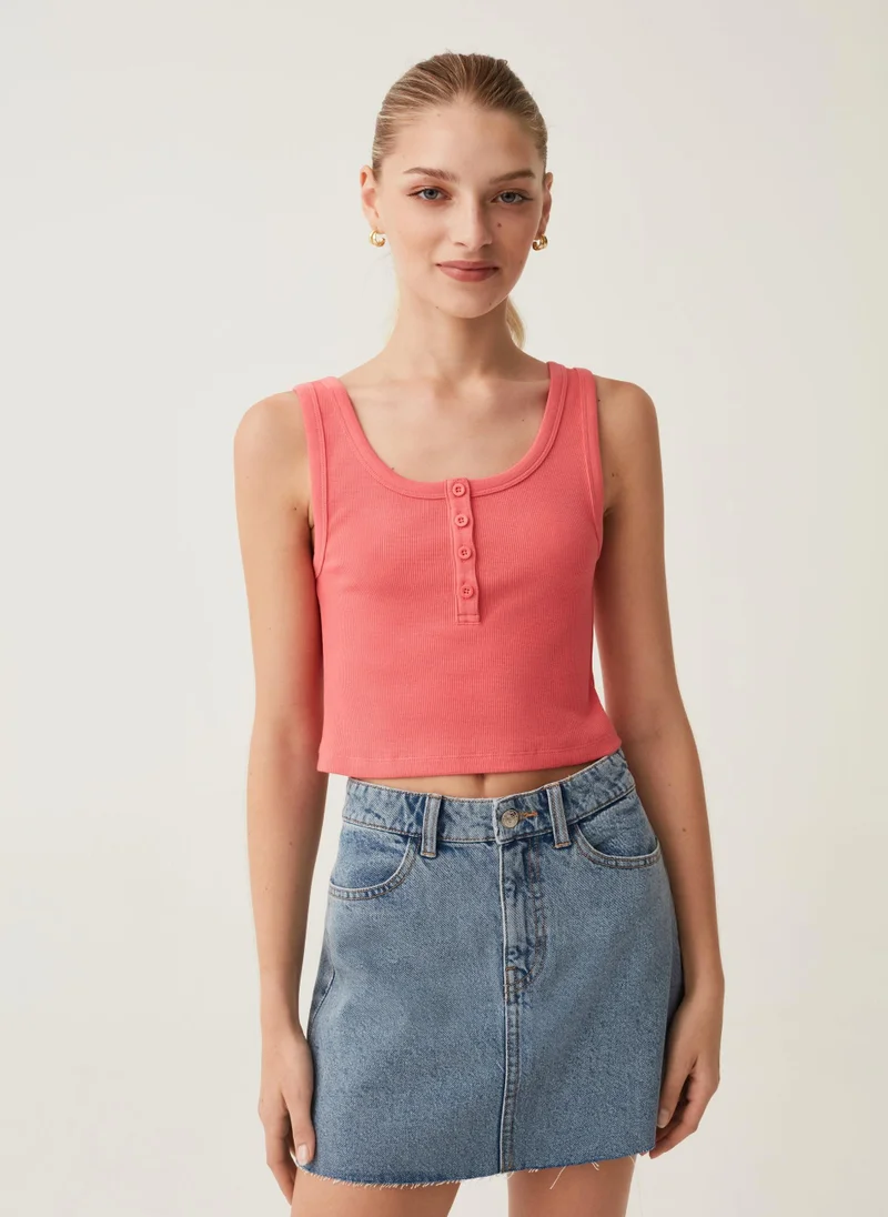 او في اس Ovs Ribbed Crop Top With Granddad Neckline