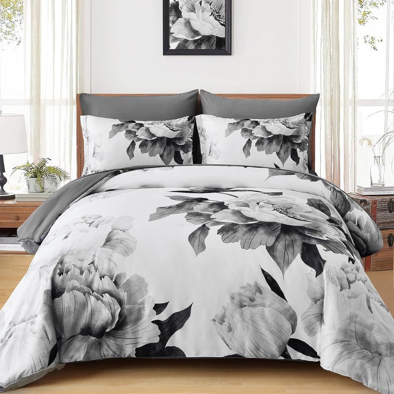 Dobuyly Grey Comforter Set King 7 Piece Bed in a Bag, Gray Floral Printed on White Comforter Set with Sheets, Soft Microfiber Botanical Farmhouse Bedding Set for All Season - Image 1