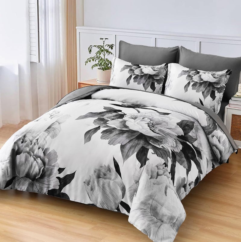 Dobuyly Grey Comforter Set King 7 Piece Bed in a Bag, Gray Floral Printed on White Comforter Set with Sheets, Soft Microfiber Botanical Farmhouse Bedding Set for All Season - Image 2