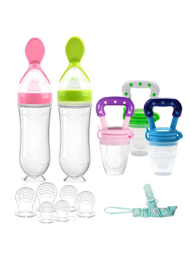 WAJIAYON Food Feeder Baby Fruit Feeder Pacifier (3 Pcs) With 6 Different Sized Silicone Pacifiers 2 Pcs Silicone Baby Food Dispensing Spoon 90Ml With 2 Baby Spoons Pacifier Clip Infant Fruit Teething Toypink - Image 1