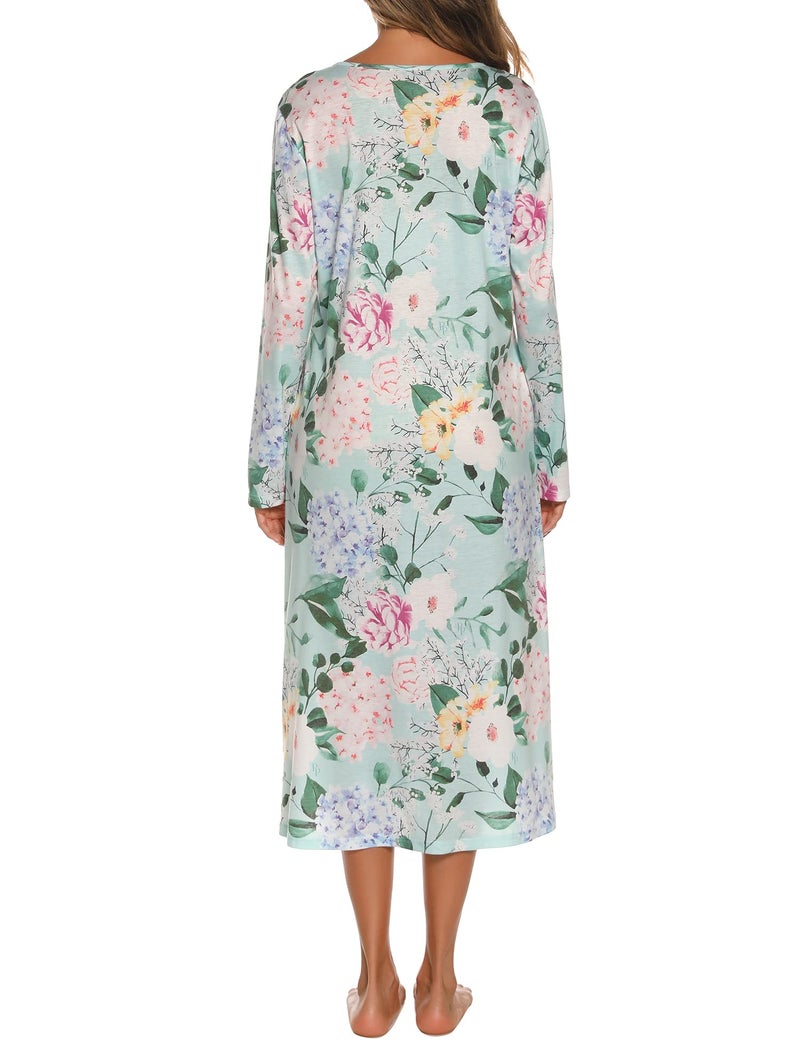 YOZLY Nightgowns for Women Cotton Long Sleeve Night Gwon Ladies House Dress Floral Green, XX-Large - Image 4
