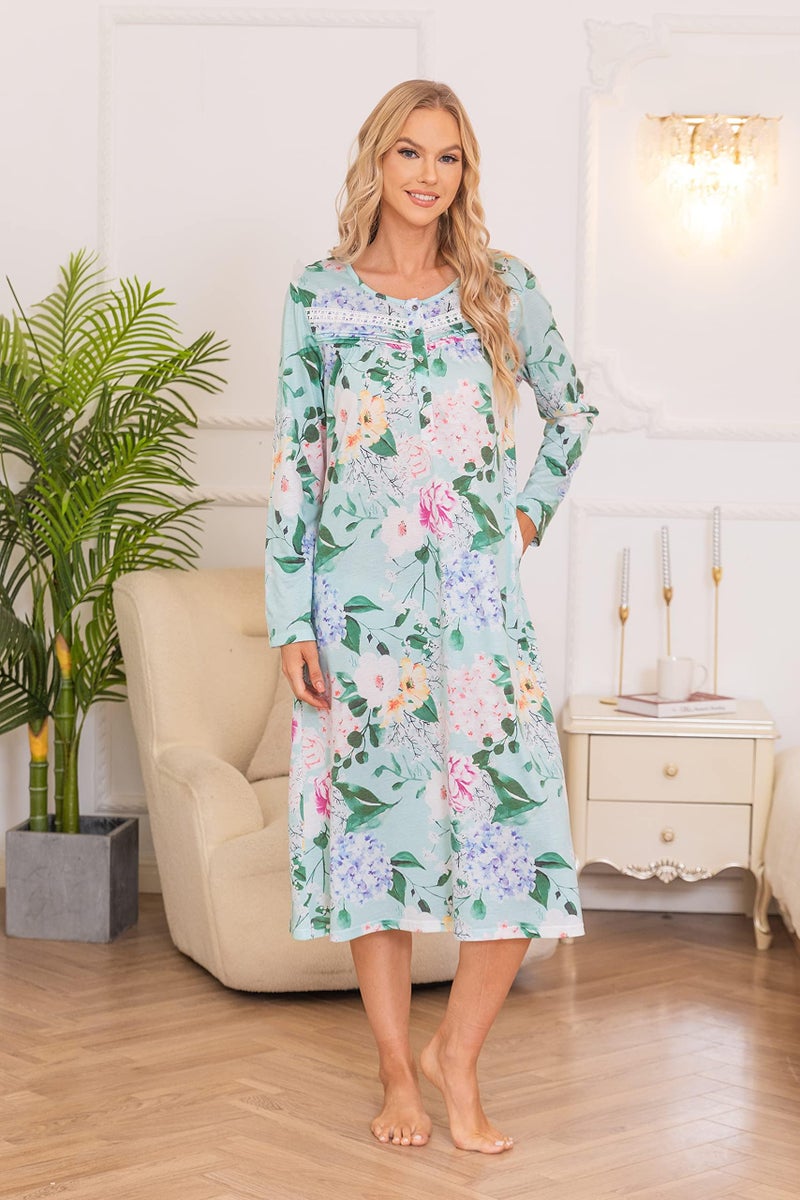YOZLY Nightgowns for Women Cotton Long Sleeve Night Gwon Ladies House Dress Floral Green, XX-Large - Image 3