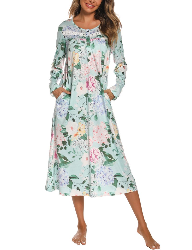 YOZLY Nightgowns for Women Cotton Long Sleeve Night Gwon Ladies House Dress Floral Green, XX-Large - Image 1