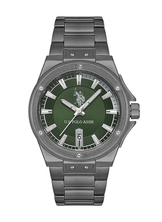 يو اس بولو اسن USPA Fundamental Men's 42mm Silver Watch with Dark Green Dial & Grey Stainless Steel Band