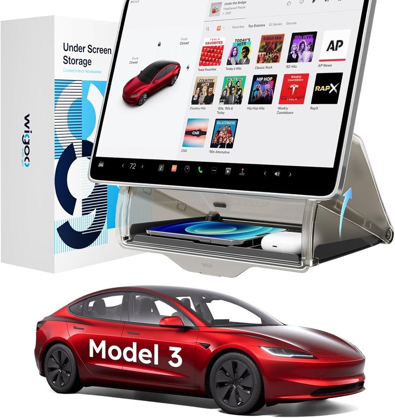 Wigoo صندوق تخزين تحت الشاشة من Wigoo لطراز Tesla Model 3 2024 [تصميم مخفي وتركيب ثابت] صينية منظم الكونسول الوسطي مع وسادة مانعة للانزلاق، لطراز Model 3 2016~2024 (متوافق مع Model 3 Highland) - Image 1