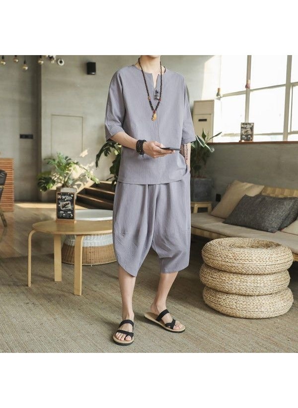 Generic Chinese Style Cotton Linen suit Mens Summer Two-piece Set Korean-style Linen Capri Pants V-neck Half-sleeve T-shirt Mens Wear light gray (solid) 