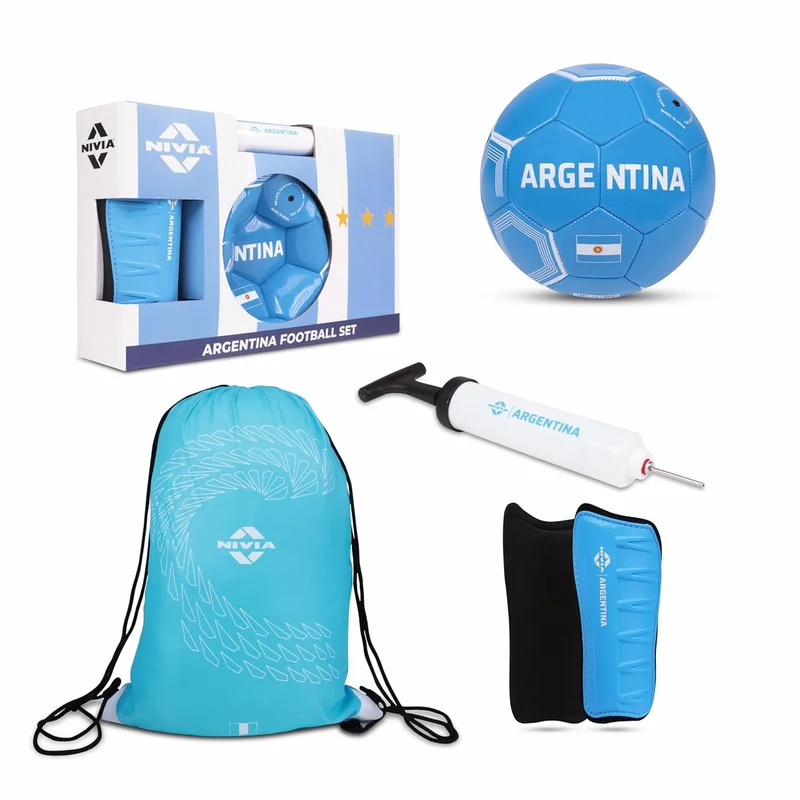 نيفيا Nivia Argentina Football Set - Complete Combo with PVC Football, Shin Guards, Pump, and Carry Bag for Youth
