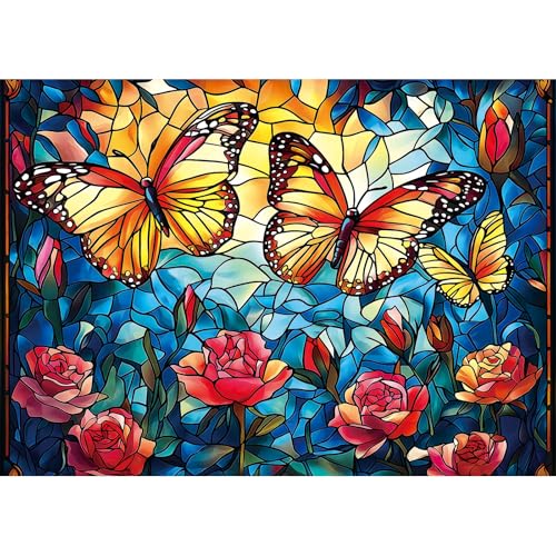 Blueforest 1000 Piece Stained Glass Butterfly Puzzle Vibrant Mosaic Flower Garden Jigsaw Puzzle Complex Art Therapy Puzzles for Adults Framable Wall Decor 275x197 - Image 1