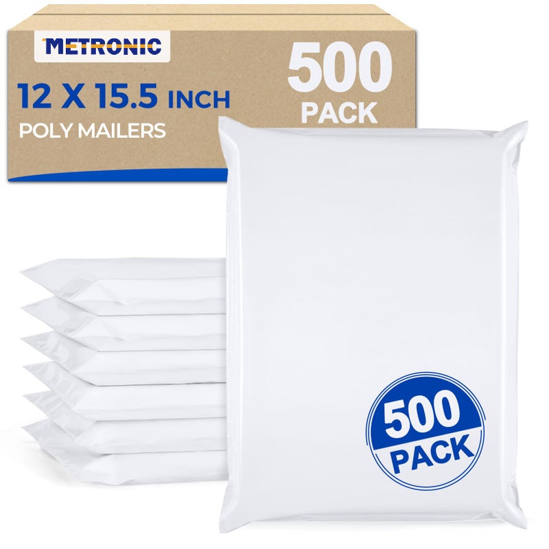 Metronic Poly Mailers 12x15.5 500pcs White Shipping Bags for Clothes Bulk,Self Adhesive Shipping Envelopes for Small Business,Waterproof Mailers Poly Bags for Shipping,Packaging Mailing Bags - Image 1