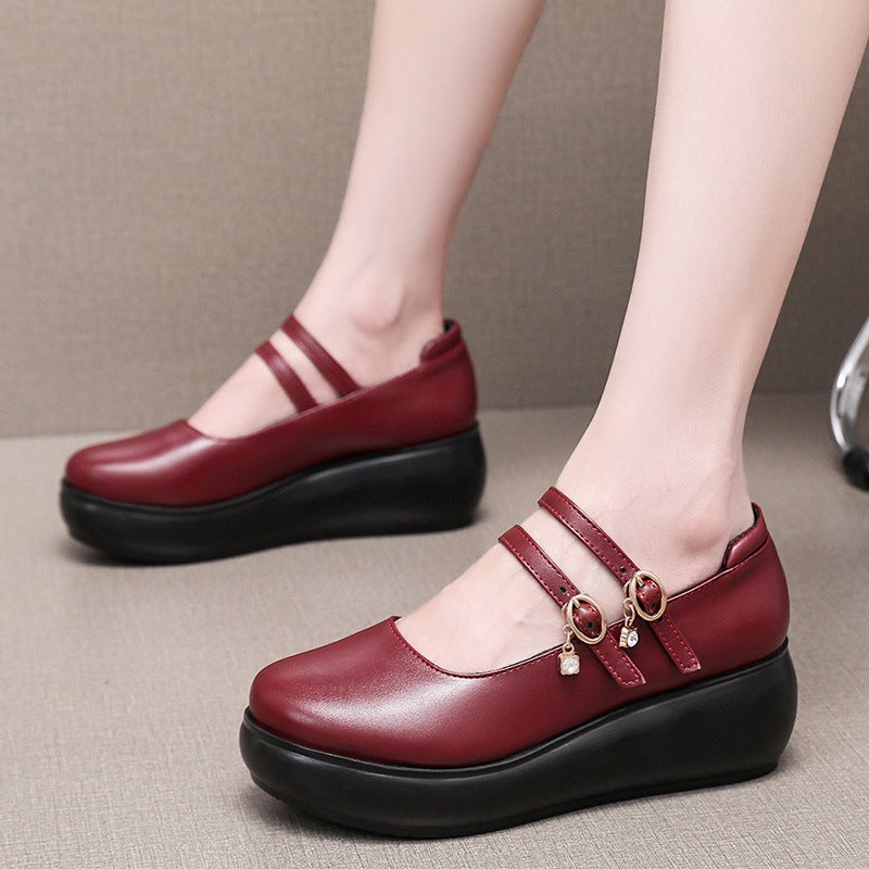 Patent Leather Double-Strap Wedge Platform Thick-Soled Single-Layer Shoes Non-Slip Muffin Soft-Soled Mid-Heel Mom Shoes Round Toe Shallow Mouth Leather Shoes - Image 3