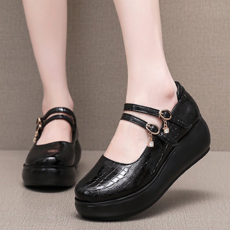 Patent Leather Double-Strap Wedge Platform Thick-Soled Single-Layer Shoes Non-Slip Muffin Soft-Soled Mid-Heel Mom Shoes Round Toe Shallow Mouth Leather Shoes - Image 2