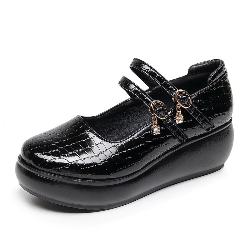 Patent Leather Double-Strap Wedge Platform Thick-Soled Single-Layer Shoes Non-Slip Muffin Soft-Soled Mid-Heel Mom Shoes Round Toe Shallow Mouth Leather Shoes - Image 1