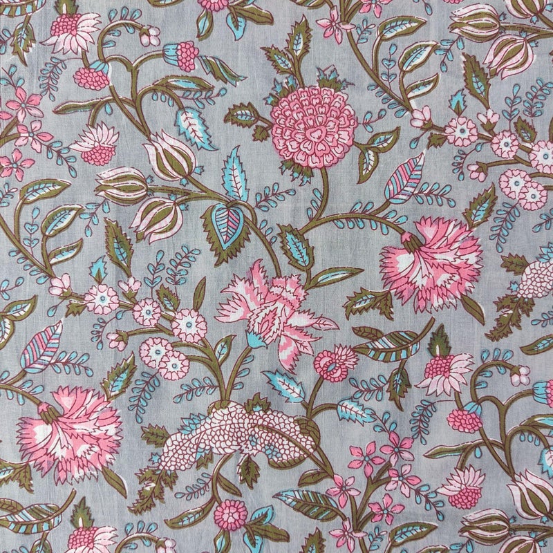 AVKA Studio Hand Block Print Fabric by The Yard PRECUT 5 Yards 42 Inch Width 100 Cotton Material Grey Pink Floral Pattern Light Weight Indian Cloth for Making Summer Dress Tops Indian Fabric
