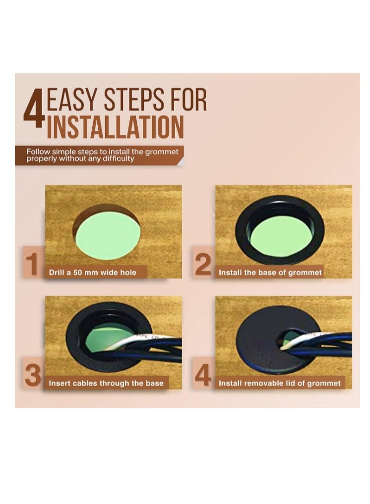 Yakumuz Desk Grommet 2 Inch (50 mm) Pack of 5-Yakumuz Black ABS Plastic Cable Hole Cover to Arrange Wires & Cords Through Computer Table/Countertops - Image 4