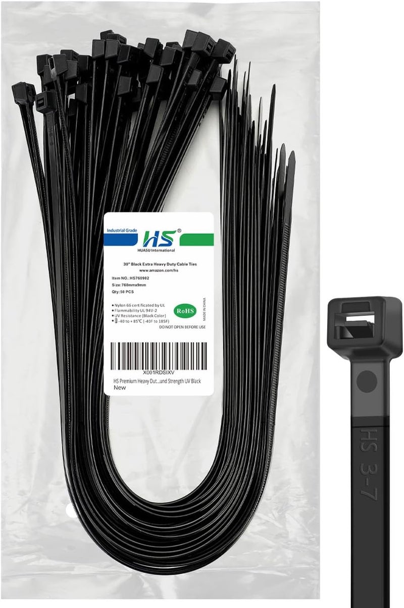 HS Long Heavy Duty Cable Tie Straps Plastic (50 Pack) Outdoor Strong Large Zip Ties 30 Inch,Industrial Zipties 200 Pound Strength UV Black - Image 1
