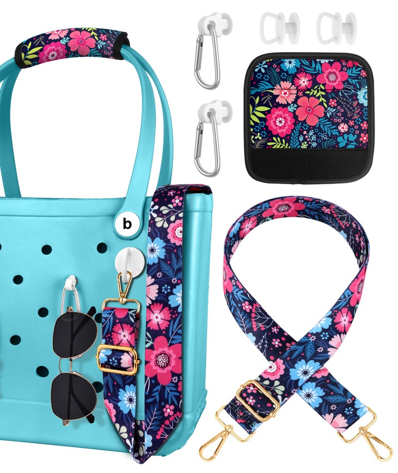 Toykee Bag Strap Crossbody Charms for Bogg Bag Accessories Shoulder Strap Neoprene Luggage Handle Wrap for Suitcases 2 Key Holders Blue Flower - Image 2