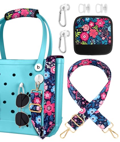 Toykee Bag Strap Crossbody Charms for Bogg Bag Accessories Shoulder Strap Neoprene Luggage Handle Wrap for Suitcases 2 Key Holders Blue Flower - Image 1