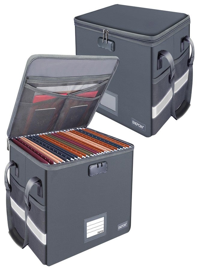 ENGPOW File Box with Lock,Fireproof Document Box with Pockets,Collapsible File Storage Organizer Box Filing Box with Handle,Portable Home Office Safe Box for Hanging Letter/Legal Folder,2 Pack(Gray) - Image 1