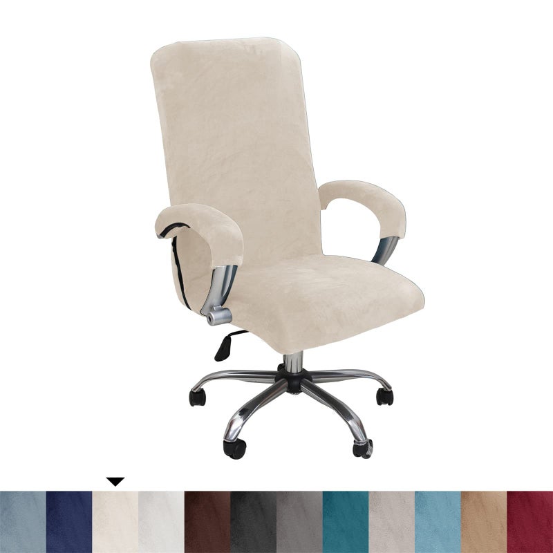 GOWT Velvet Plush Stretchable Office Desk Chair Cover Cat Proof with Wheels, Chair Seat Cover with Armrest Protector for Pets & Kids, Removable for Ergonomic Mesh Computer Rolling Chair, Beige, XL - Image 2