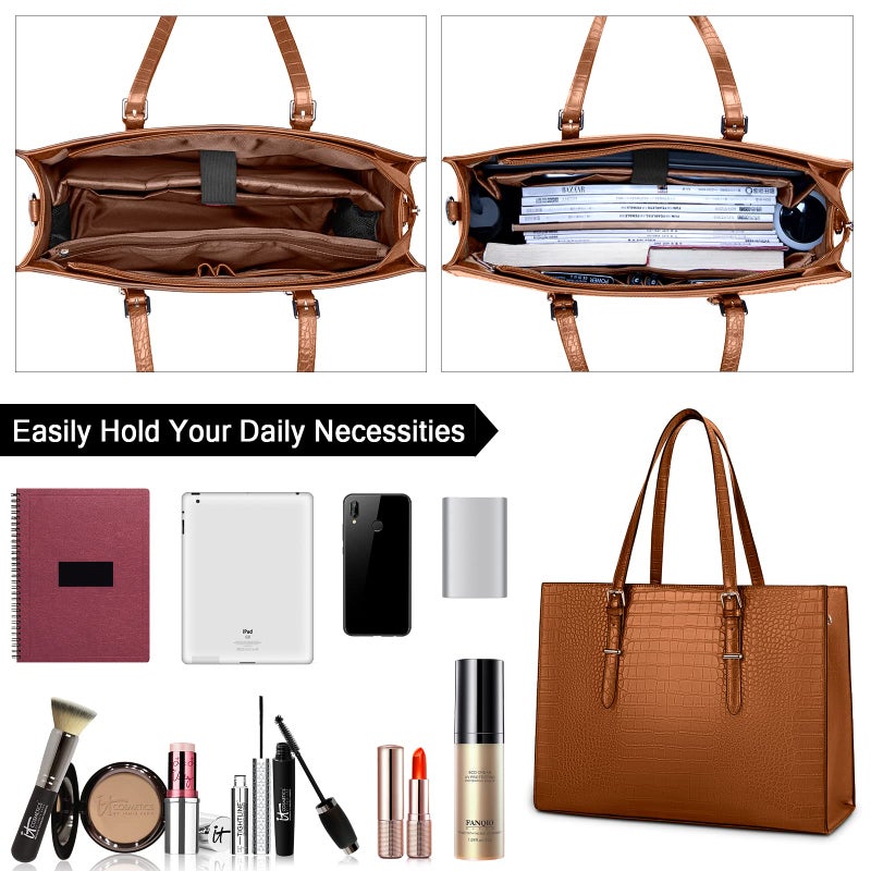 Lubardy Laptop Bag for Women 15.6 Inch Laptop Tote Bag Leather Classy Computer Briefcase for Work Waterproof Handbag Professional Shoulder Bag Women Business Office Bag Large Capacity(Brown) - Image 2