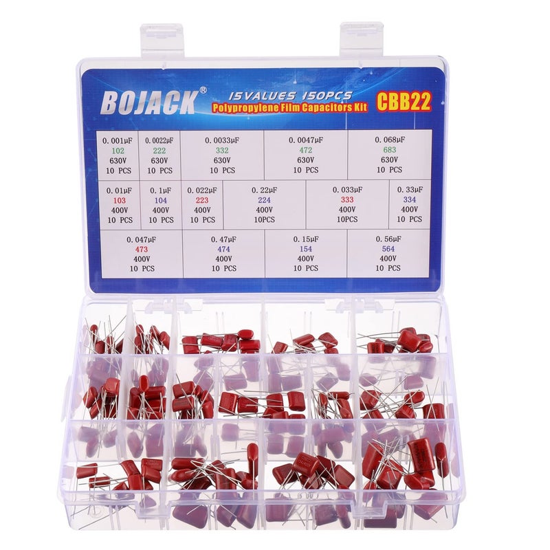 BOJACK 15 Values 150 Pcs Metallized Polypropylene Film DC Capacitor 400V001uF 056uF 630V 0001uF 0068uF Assortment Kit