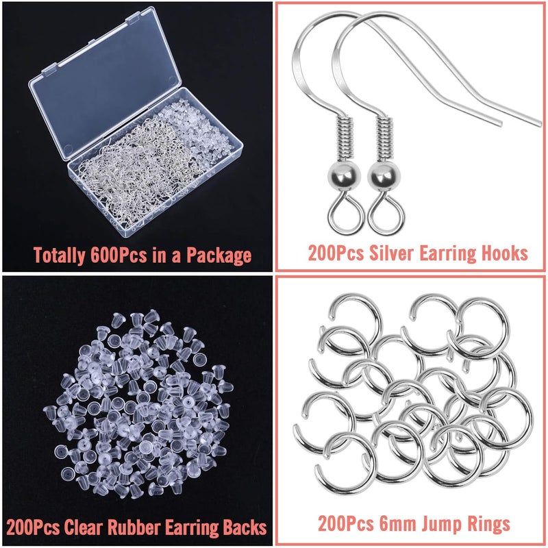 Thrilez 600Pcs Earring Making Kit with Hypoallergenic Hooks, Jump Rings, & Rubber Backs (Silver) - Image 3
