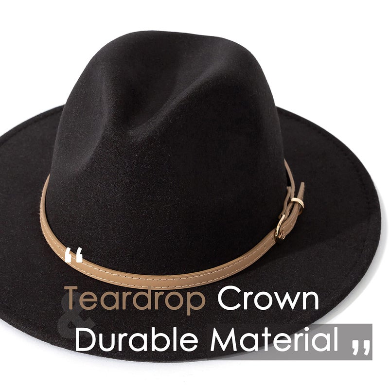 Lisianthus Women Classic Felt Fedora Wide Brim Hat with Belt Buckle A-Black - Image 2