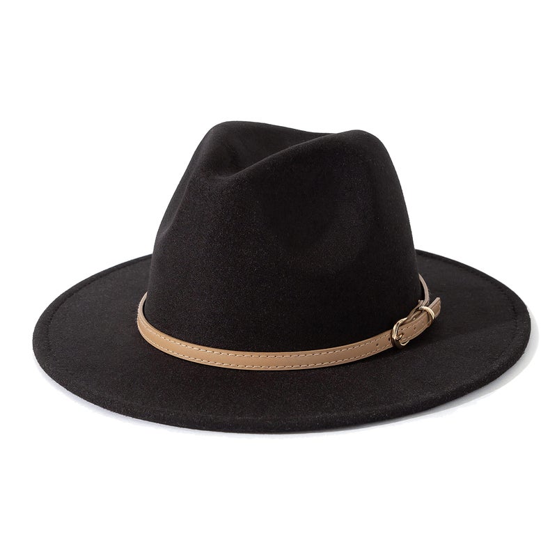 Lisianthus Women Classic Felt Fedora Wide Brim Hat with Belt Buckle A-Black - Image 1